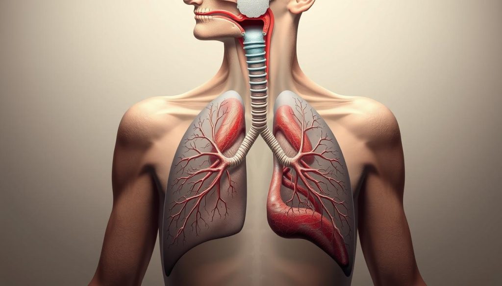 A detailed cross-section of the human respiratory system, showcasing the intricate anatomy and mechanics of breathing. The image should depict the nose, mouth, trachea, bronchi, lungs, and diaphragm in an anatomically accurate and visually striking manner. Use a soft, muted color palette with subtle lighting to create a serene, educational atmosphere. Render the scene with a high level of realism and technical precision, highlighting the delicate balance and interdependence of the respiratory structures. Convey a sense of wonder and appreciation for the complexity of this vital physiological process.