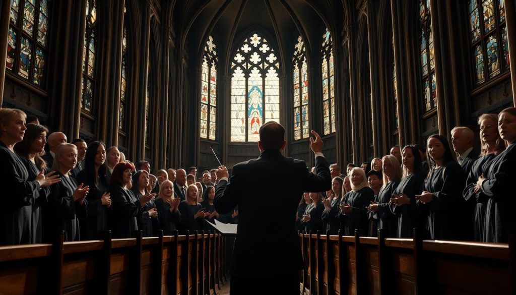 A grand cathedral interior, the morning light streaming through stained glass windows. At the center, a choir of robed singers, their voices blending in perfect harmony. Chiaroscuro lighting illuminates the intricate textures of their faces, conveying a sense of deep focus and spiritual transcendence. The middle ground features a conductor, baton in hand, guiding the ensemble with graceful, expressive movements. In the background, rows of wooden pews recede into the shadows, hinting at the reverent atmosphere. The overall scene evokes a timeless, sacred ambiance, perfectly suited to illustrate the progression from beginner to confident choral singer.