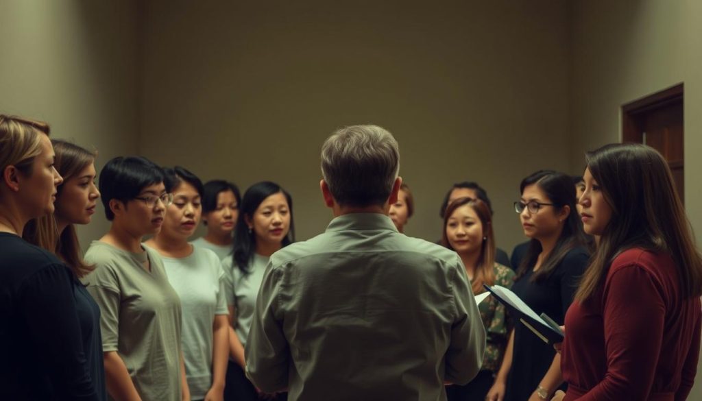 A modest yet harmonious choir, their voices blending in a warm, intimate setting. The foreground features the choir members, their expressions focused and intent, dressed in simple, subdued attire. The middle ground showcases the conductor, baton in hand, guiding the ensemble with precision. In the background, a simple, unadorned stage or rehearsal space, lending a sense of unpretentious authenticity. Soft, diffused lighting illuminates the scene, creating a mood of humble dedication and collective musicality.