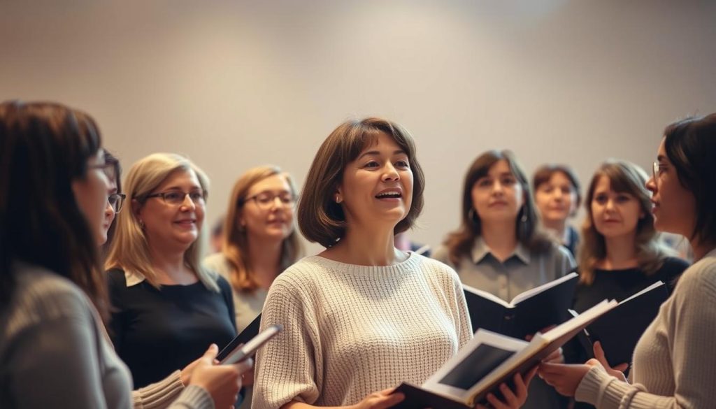 A serene choir rehearsal scene, with a group of choristers standing in a semicircle, their voices blending harmoniously. Warm, gentle lighting illuminates their focused expressions as they sing together, radiating a sense of camaraderie and mutual support. The background is softly blurred, emphasizing the choristers as the central focus. Subtle textures and muted colors create an intimate, welcoming atmosphere, inviting the viewer to experience the joy and confidence that comes from singing in a chorale.