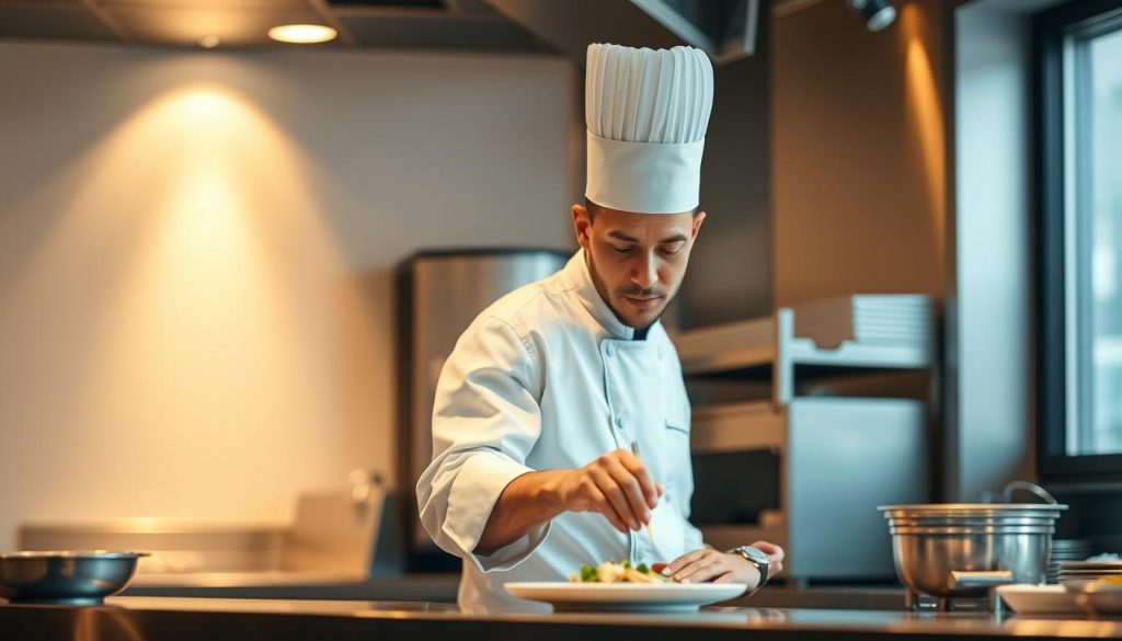 A skilled chef in a professional kitchen, wearing a crisp white uniform and tall toque, standing behind a clean stainless steel counter. Warm lighting from overhead illuminates the scene, casting soft shadows and highlighting the chef's focused expression as they prepare a delicate dish, their hands moving with precision. The background is blurred, emphasizing the chef as the central figure, a master of their craft ready to lead a talented team of musicians in creating a harmonious performance.