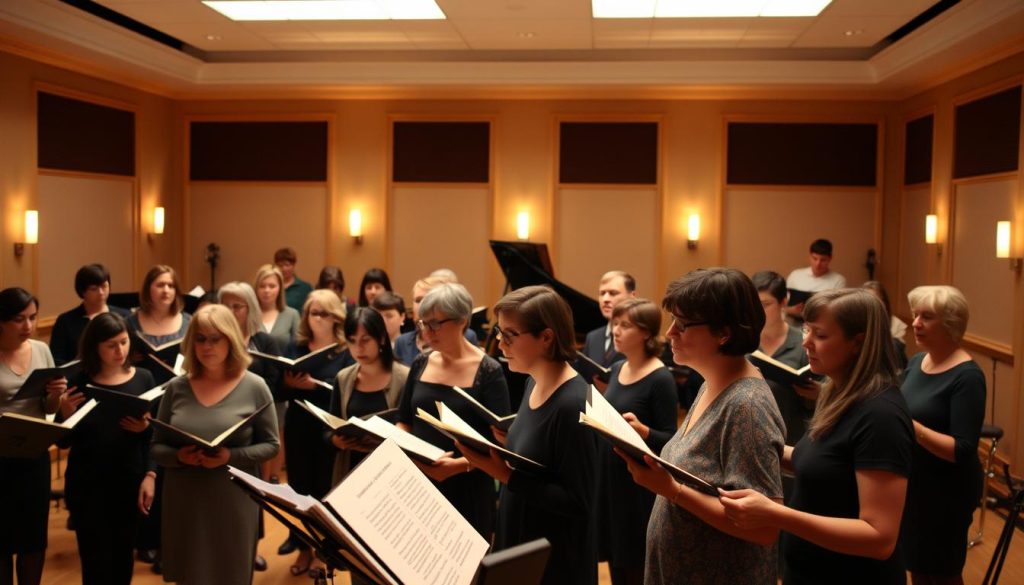 A spacious, well-lit rehearsal room with warm, soft lighting. In the foreground, a group of adult choristers standing in rows, their faces focused and determined as they sing in unison. Gently lit music sheets and sheet music stands in the middle ground provide context. The background features a grand piano and other musical instruments, hinting at the rich, harmonious soundscape. The atmosphere conveys a sense of dedication, collaboration, and the transformative power of collective musical expression.