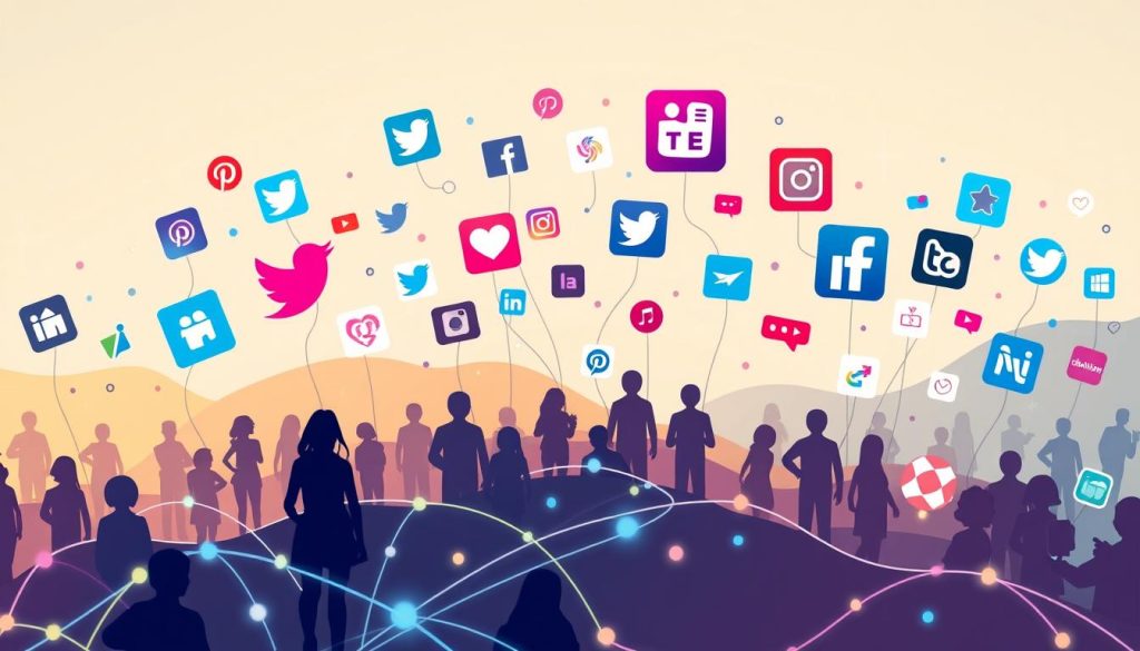 A vibrant social media network landscape with various iconic platforms and symbols floating in a dynamic, semi-abstract composition. The foreground features stylized silhouettes of users connected through colorful data streams and lines, conveying the idea of online communication and community. The middle ground showcases the logos and visual identities of popular social media apps, each with a distinct personality. In the background, a gradient of soft, warm hues and subtle textures creates a sense of depth and digital atmosphere. The overall scene has a sleek, modern aesthetic with a hint of playfulness, reflecting the ever-evolving and influential nature of social media in our daily lives.