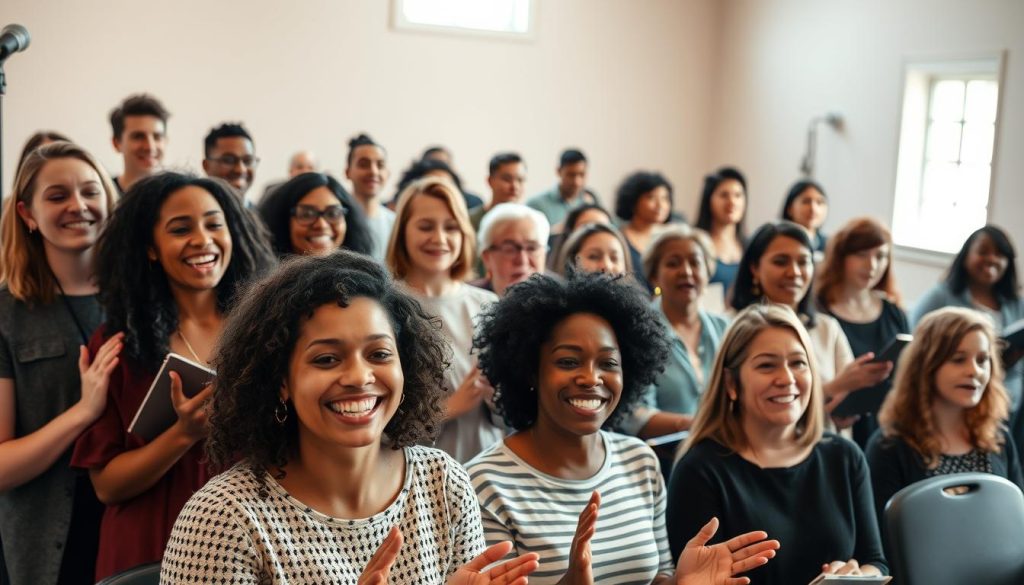A warm, inviting group portrait of several singers gathered together in a rehearsal space, preparing to perform in a community choir. The foreground features several diverse individuals, their faces alight with joy as they harmonize together, their hands clapping or gently conducting. The middle ground shows the choir members seated in rows, focused and engaged, while the background depicts a simple, yet elegant performance space, perhaps a church or community center, with soft, natural lighting filtering in through windows. The overall mood is one of camaraderie, passion, and the shared thrill of making music as a collective.
