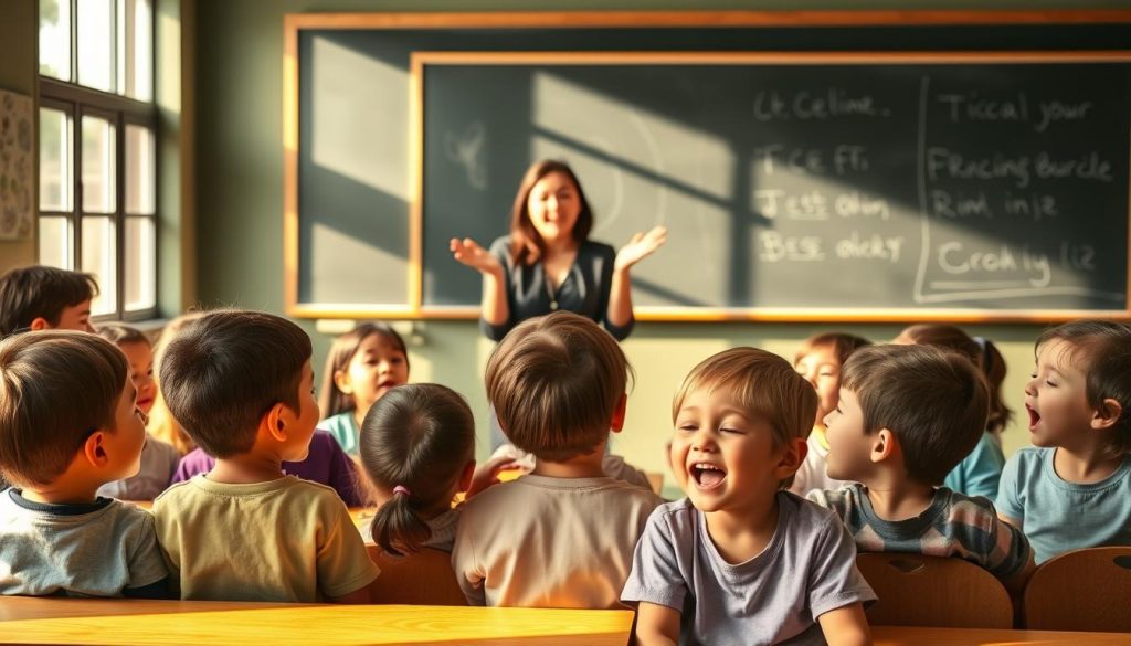 A classroom scene with a chalkboard in the background, featuring a group of children sitting in rows and a teacher leading them in vocal exercises. The children's faces are engaged and focused, their mouths open in harmonious vocalizations. Warm, natural lighting filters in from large windows, casting a soft glow on the scene. The teacher stands at the front, gesturing with expressive hands, guiding the students through a series of simple, effective vocal warm-ups. The atmosphere is one of collaborative learning, with an emphasis on the joy and simplicity of vocal exploration.