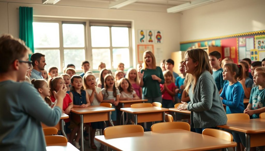 A cozy, vibrant classroom filled with eager young students singing together, their animated faces lit by warm, natural lighting from large windows. In the foreground, a teacher gestures passionately, leading the children in a lively, rhythmic choral performance. The middle ground features rows of small desks and chairs, creating a sense of intimacy and engagement. The background reveals colorful, educational wall displays and classroom decor, setting the scene for a nurturing, creative learning environment. Soft, diffused shadows and a sense of movement convey the energy and joy of the session. The overall atmosphere is one of collaborative learning and musical exploration.