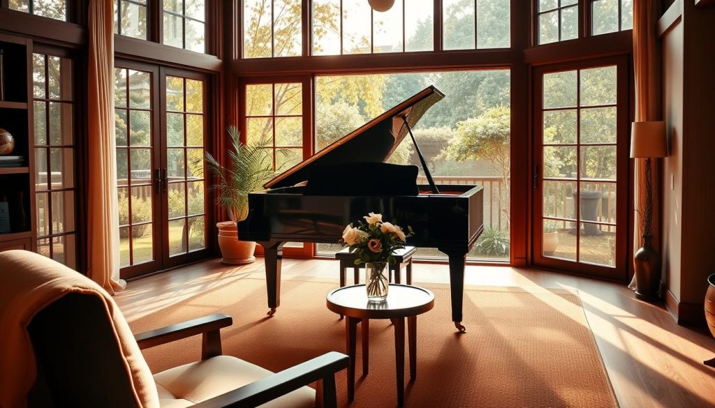 A cozy, well-lit music room with warm, natural lighting filtering through large windows overlooking a lush, verdant garden. The foreground features a comfortable upholstered chair and a small wooden table with a vase of fresh flowers. In the middle ground, a beautiful grand piano stands, its glossy black surface reflecting the light. The background showcases a serene, minimalist interior design with earthy tones and organic textures, creating a calming, inviting atmosphere conducive to musical exploration and expression.