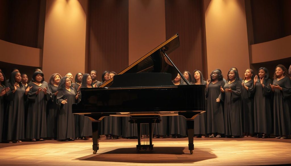 A grand piano standing center stage, its polished ebony body gleaming under warm stage lighting. Surrounding it, a group of gospel choir singers, their robed figures swaying in harmonious motion. The choir's voices blend together in a soulful a cappella performance, their faces alight with passion and reverence. The scene captures the essence of a classic gospel choir performance, showcasing the interplay between the piano's rich tones and the powerful, emotive vocals of the choir. The overall atmosphere is one of reverence, warmth, and spiritual expression.