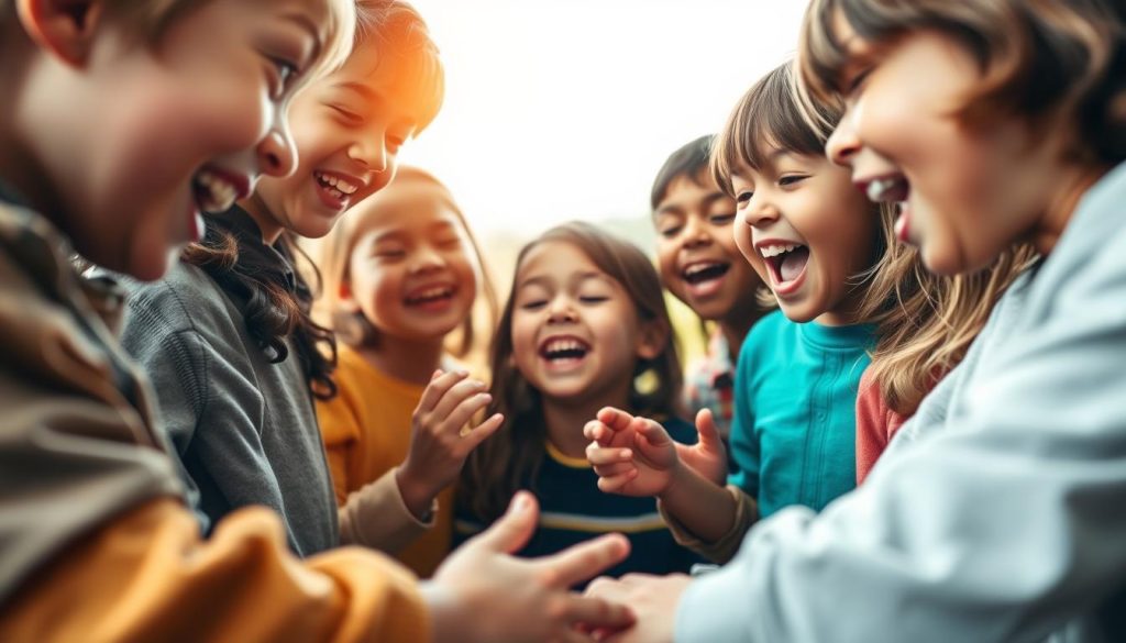 A group of children engaged in a playful vocal exercise, their faces alight with joy and concentration. The foreground features the children forming a circle, their mouths open in song, hands gesturing rhythmically. The middle ground showcases their diverse expressions - some focused, others giggling, all immersed in the collaborative act of vocal exploration. The background blurs into a soft, dreamlike landscape, suggesting a sense of imagination and creativity. Warm, natural lighting casts a harmonious glow, and the camera angle captures the children at eye level, fostering a sense of intimacy and inclusion. This image embodies the power of vocal play as a catalyst for personal and collective growth, cultural expression, and community bonding.