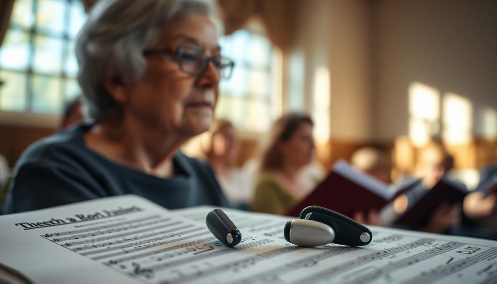 A senior choir member sits attentively, their face illuminated by natural light streaming through a window. In the foreground, a pair of modern, discreet hearing aids rest on a sheet of music, symbolizing the importance of hearing aids for choral singers experiencing age-related hearing loss. The background features a warm, cozy rehearsal space, with soft textures and muted tones to create a contemplative, introspective atmosphere. The overall scene conveys the intersection of choral singing, hearing health, and the adaptive measures that enable seniors to continue their musical pursuits.