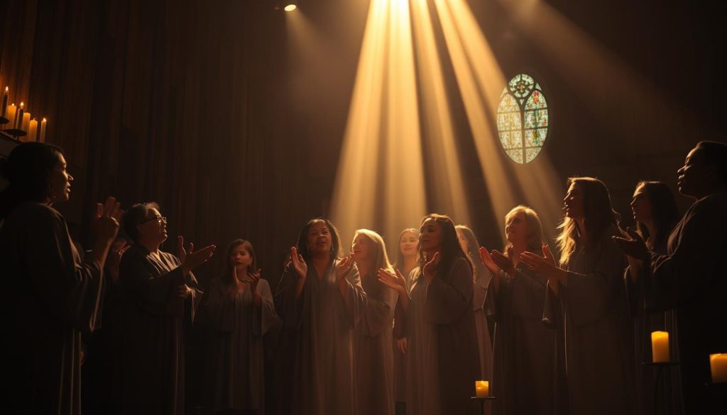 A soulful gospel choir performing on a dimly lit stage, with beams of warm, golden light filtering through the shadows. The singers, dressed in flowing robes, sway and clap, their voices rising in a harmonious, spirited melody that fills the air. In the background, a subtly textured wall of weathered wood panels creates a rustic, intimate atmosphere, while the soft glow of candles and the occasional glimpse of a stained-glass window suggest a sacred, reverent setting. The overall scene conveys a sense of deep, emotional connection and a celebration of faith through music.