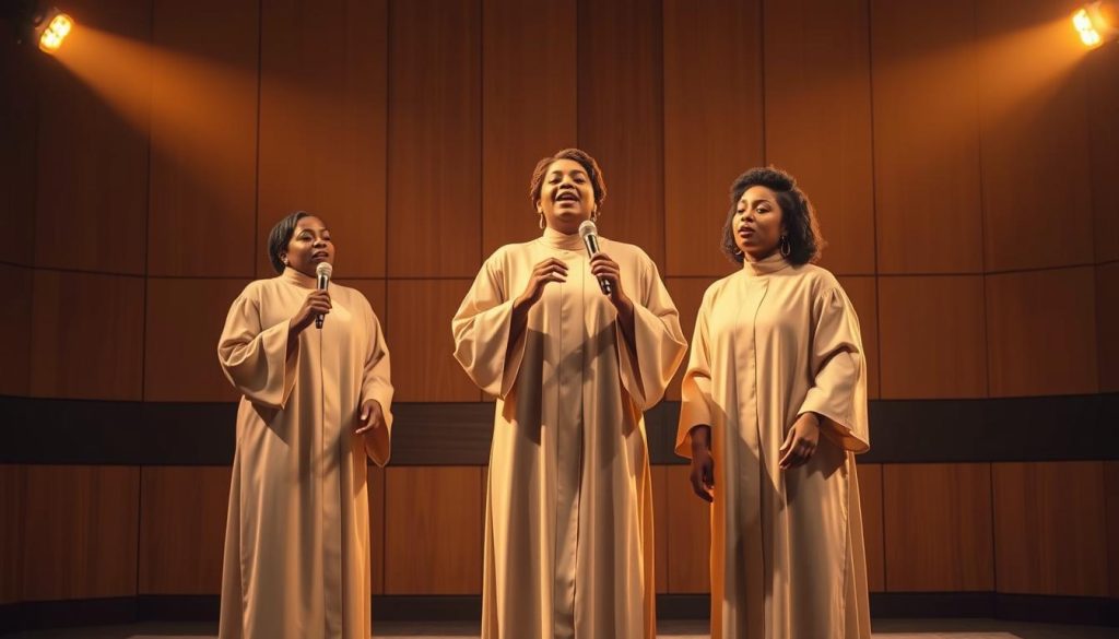 A trio of gospel singers performing on a small stage, bathed in warm, golden lighting that casts a soft, ethereal glow. The three vocalists, dressed in elegant yet understated choir robes, stand in a tight formation, their voices blending together in perfect harmony. Behind them, a simple yet striking backdrop of wooden paneling, creating a sense of intimacy and tradition. The scene evokes the reverence and spirituality of a gospel performance, capturing the essence of a professional quartet configuration commonly seen at French weddings.