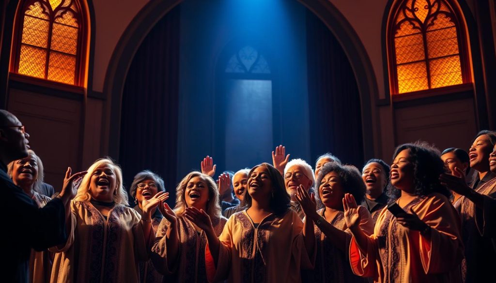 A vibrant gospel choir performing on a dimly lit stage, their soulful voices filling the air with rich harmonies. Soft, warm lighting casts a golden glow, highlighting the choir's animated expressions and the intricate details of their robes. The stage is framed by elegant, high-arched windows, casting dramatic shadows and lending an air of reverence to the scene. The choir members, of diverse ages and backgrounds, sway in unison, their hands raised in a gesture of devotion. The atmosphere is one of spiritual transcendence, inviting the viewer to feel the power and emotion of the chorale gospel performance.