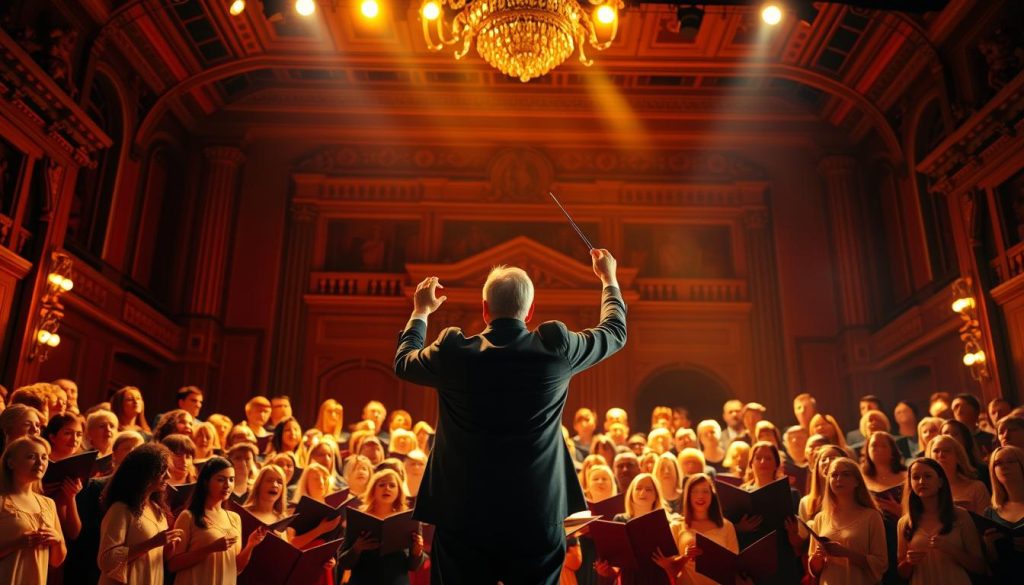 A vibrant, warmly-lit choral performance on a grand stage, with the choir members in the foreground united in song, their faces illuminated by the soft glow of spotlights. In the middle ground, a conductor stands with baton raised, leading the ensemble with graceful, expressive movements. The background is a detailed, richly-textured stage backdrop, depicting an elegant concert hall interior with ornate architectural features. The overall scene conveys a sense of focus, energy, and the transformative power of collective musical expression.