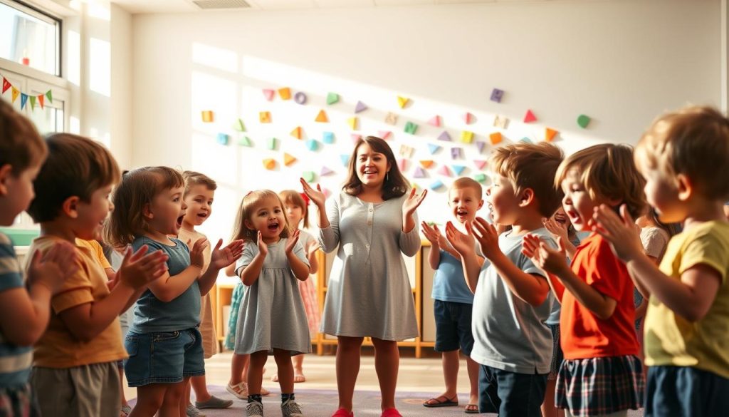 A whimsical scene of young children joyfully singing and counting in a bright, sun-dappled classroom. In the foreground, a group of animated students clapping and tapping their feet to a lively rhythmic pattern, their faces alight with enthusiasm. In the middle ground, a teacher stands at the front, leading the chant, their hands gesturing expressively. The background features a colorful, geometric mural adorning the wall, creating a playful, educational atmosphere. Soft, diffused lighting casts a warm, inviting glow over the entire composition, capturing the energy and vibrancy of a musical learning experience.
