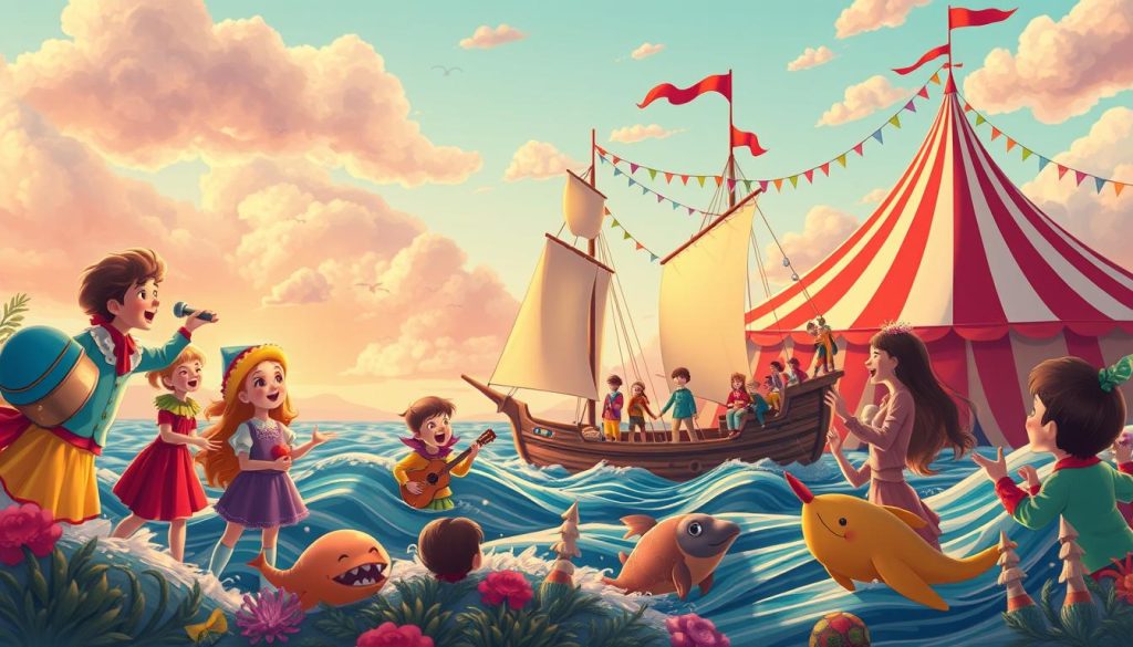 Whimsical adventure scene with a group of joyful children singing and exploring a fantastical world. Vibrant, colorful palette with warm, soft lighting. In the foreground, a troupe of young performers in circus-inspired costumes - acrobats, clowns, and musicians - captivating an audience of enchanted children. In the middle ground, a ship with billowing sails navigating an imaginary ocean, surrounded by friendly sea creatures. In the background, a towering circus tent with fluttering pennants, set against a dreamy, cloud-dotted sky. Composition balanced with dynamic movement and a sense of discovery, evoking a feeling of childlike wonder and imaginative play.