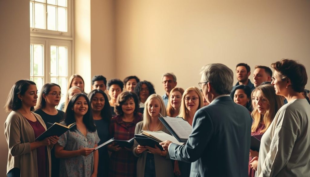 A choir of diverse individuals, their voices harmonizing in a warm, intimate setting. The choristers stand in a semicircle, faces alight with concentration and passion. Natural lighting filters through large windows, casting a soft, golden glow over the scene. The conductor, baton in hand, leads the ensemble, guiding them through the intricate musical score. The backdrop is a minimalist, neutral-toned space, allowing the focus to remain on the choir's expressive performance. Capture the essence of this collaborative art form, where individual talents unite to create a captivating, cohesive whole.