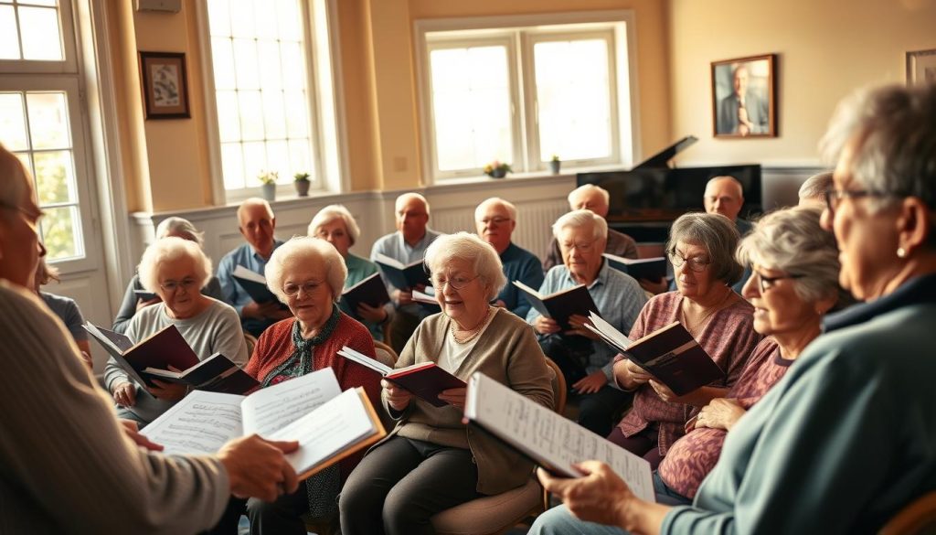 A group of elderly people singing together in a well-lit choral rehearsal room. The seniors are seated in rows, focused on their sheet music and conducting director, their expressions calm and joyful. Warm natural light filters in through large windows, casting a soft glow on the scene. The space is filled with a sense of community and shared purpose as the singers raise their voices in harmonic accord. Subtle details like conductor's baton, piano in the corner, and vintage-style chairs add to the authenticity of the setting. An intimate, uplifting atmosphere pervades the image, capturing the benefits of group singing for older adults.