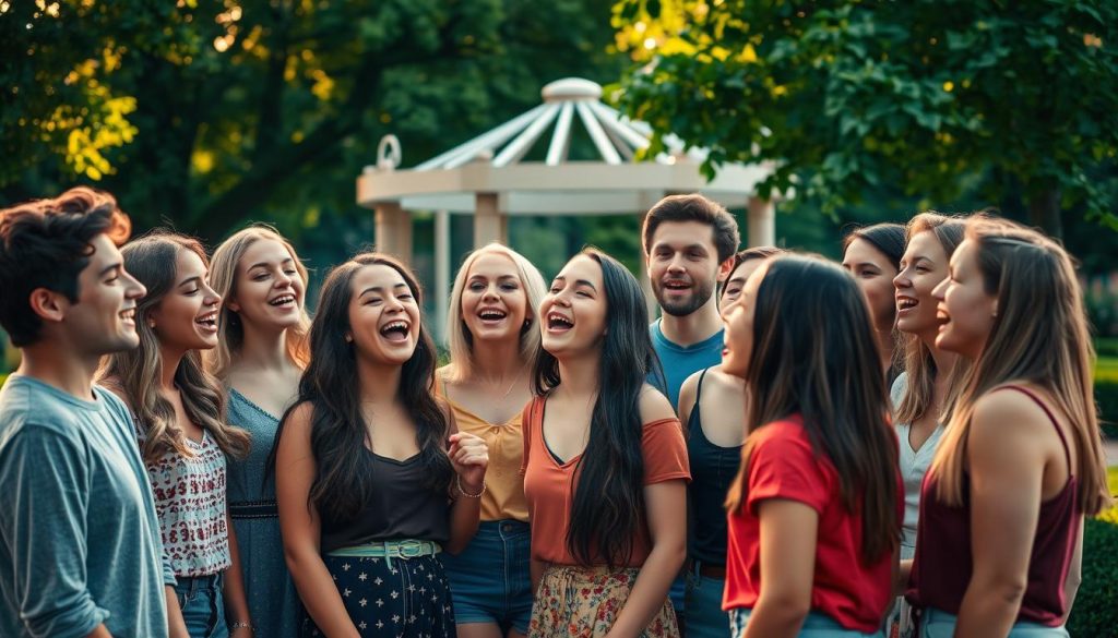 A group of young people, ages 16-24, singing together passionately on a warm summer evening. They stand in a semicircle, faces bright with joy, embracing the choral experience. Soft, golden light filters through the trees, casting a glowing, natural ambiance. Their voices blend in harmony, creating a soulful, uplifting sound. The background features a lush, verdant garden setting with a gazebo or outdoor performance space. The overall mood is one of youthful energy, musical connection, and the transformative power of vocal ensemble.