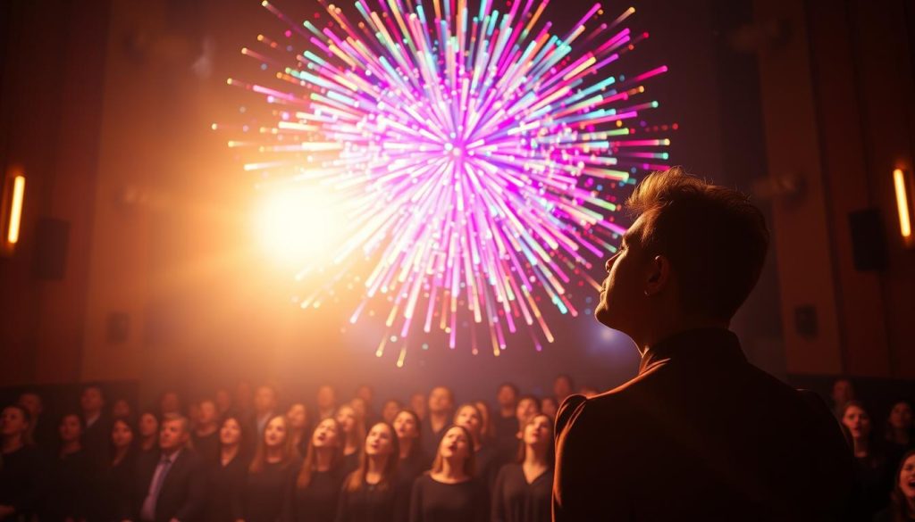 A vibrant cerebral fireworks display against a serene, dimly-lit auditorium. In the foreground, a soloist stands in a spotlight, their voice resonating with ethereal clarity. The middle ground captures a choir, their mouths open in harmonious song, their faces etched with deep concentration. The background is a kaleidoscopic explosion of colors and shapes, representing the neural activity and synaptic firing ignited by the power of choral singing. Soft, warm lighting bathes the scene, creating an intimate, introspective atmosphere. The image conveys the profound, almost mystical connection between the physical act of singing and the neurological processes that underpin the health benefits of choral performance.