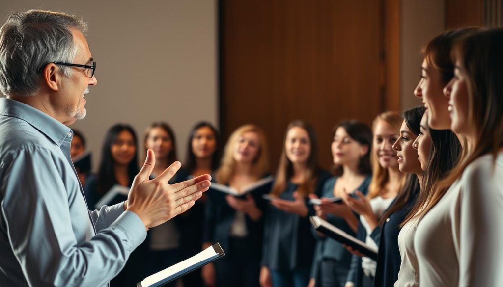 A warm and intimate choral rehearsal scene. In the foreground, a choral director stands facing a group of singers, gesturing expressively as they engage in vocal warm-up exercises. The singers, positioned in neat rows, have focused expressions as they open their mouths and harmonize together. Soft, natural lighting illuminates the scene, creating a cozy and collaborative atmosphere. The background is blurred, hinting at the rehearsal space - perhaps a music room or concert hall. The overall mood is one of concentration, camaraderie, and the shared joy of collective vocal preparation.