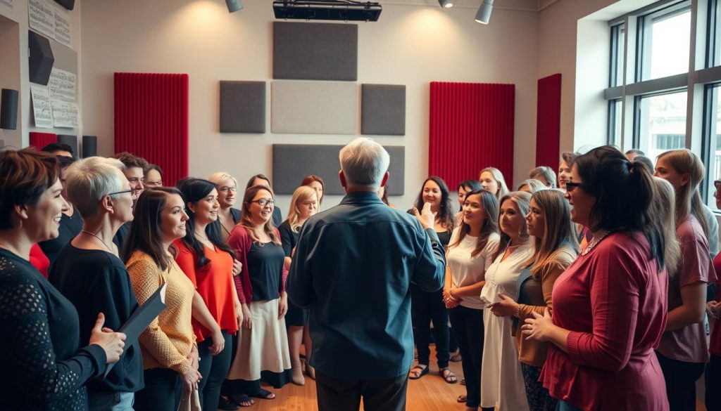 A warm and vibrant choral performance in a modern, well-lit rehearsal space. In the foreground, a diverse group of singers, young and old, stand together, their faces radiating joy as they harmonize. In the middle ground, a conductor stands before them, baton in hand, guiding the ensemble with graceful movements. The background is filled with a softly-lit, acoustically-optimized room, its walls adorned with musical scores and acoustic panels. Gentle natural light filters in through large windows, casting a gentle glow over the entire scene. The overall mood is one of community, passion, and the therapeutic power of collective singing.