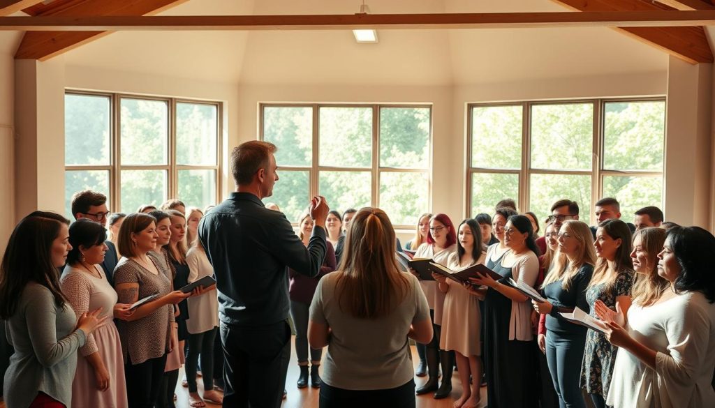 A warm, inviting choral rehearsal space, bathed in natural light streaming through large windows. A diverse group of choristers, their faces alight with concentration, standing in a semi-circular arrangement, their bodies swaying gently as they blend their voices in perfect harmony. The conductor, a passionate and experienced leader, stands before them, baton in hand, guiding the ensemble with graceful, expressive movements. The air is filled with the rich, resonant tones of the choral performance, creating an atmosphere of profound artistry and deep, emotional connection.