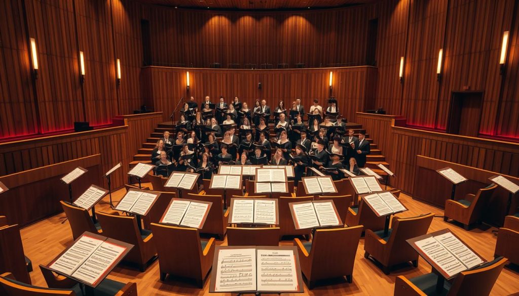 A warm, well-lit concert hall filled with rows of sturdy wooden pupitres, each one adorned with carefully arranged sheet music and music stands. The pupitres are arranged in a semi-circular formation, creating an intimate, collaborative atmosphere. The lighting casts a soft, flattering glow, highlighting the intricate grain patterns and polished surfaces of the wood. The perspective is slightly elevated, offering a sweeping view of the ensemble's setup, ready to be filled with the harmonious voices of talented choristers. The overall mood is one of anticipation and creative energy, setting the stage for an immersive choral performance.