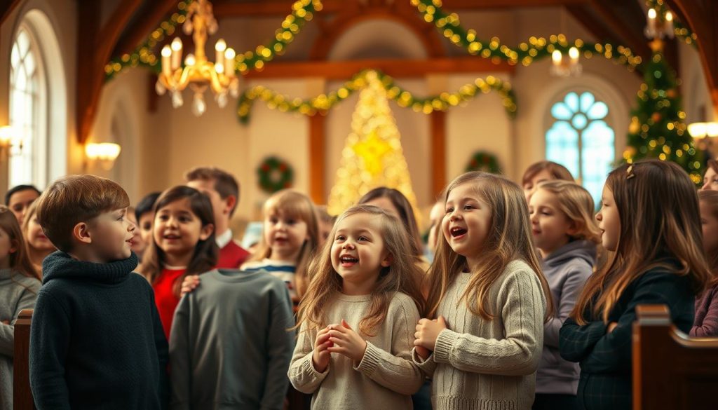 A choir of children, their voices blending in harmonious symphony, standing in a warm, inviting setting. The foreground features a group of young choristers, their faces alight with joyful concentration as they sing, their bodies swaying gently to the rhythm. The middle ground reveals an elegantly decorated choral rehearsal space, complete with wooden pews and soft, ambient lighting that casts a cozy, intimate atmosphere. In the background, a serene, out-of-focus backdrop hints at a larger, festive setting, perhaps a church or community hall, reinforcing the sense of communal celebration. The overall composition conveys a heartwarming, festive mood, perfectly capturing the spirit of children singing together in a Christmas choral performance.