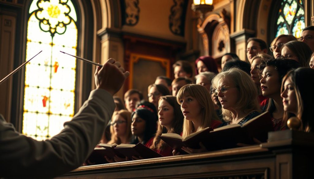 A choir of solemn voices lifted in a church choir loft, their faces focused and intent as they blend their harmonies, led by the conductor's steady tempo and expressive baton. Soft, warm lighting filters through the stained glass, casting a reverent glow over the scene. The middle ground features the choir's disciplined posture and unified movements, while the background reveals the ornate architectural details of the sacred space. An atmosphere of devotion and musical precision pervades the image, capturing the essence of a well-rehearsed chorale performance elevating the spiritual experience of the congregation.