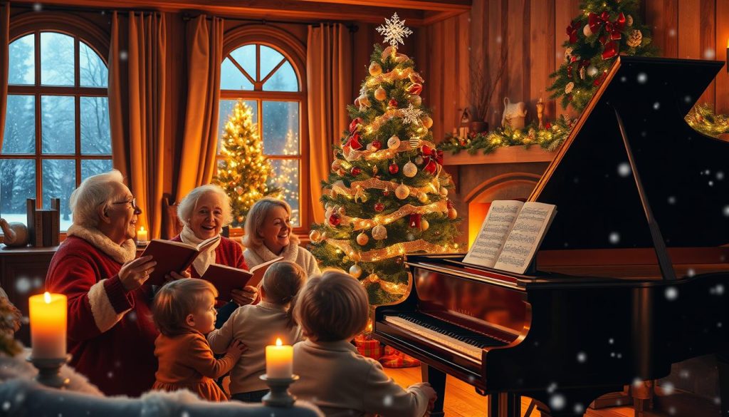 A cozy Austrian Christmas scene, bathed in warm candlelight and the glow of a crackling fireplace. In the foreground, a family gathered around a grand piano, singing carols with joyous expressions. Elderly grandparents sway gently, while children's faces are alight with wonder. The mid-ground reveals a richly decorated Christmas tree, adorned with handmade ornaments and twinkling lights. Snowflakes dance outside the frosty window, hinting at the winter wonderland beyond. A sense of timeless tradition, familial togetherness, and the magic of the season permeates the air, creating an atmosphere of heartwarming nostalgia.