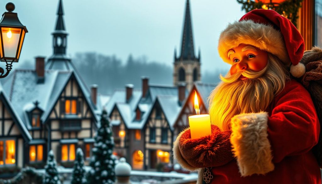 A cozy, intimate scene of the beloved "Petit Papa Noël" figure, capturing the quintessential French Christmas spirit. The jolly, rotund figure stands in the foreground, dressed in his iconic red suit and fur-trimmed hat, holding a sack of gifts. Warm, glowing candlelight illuminates his friendly, rosy-cheeked face, casting a soft, inviting glow. In the middle ground, a charming French village backdrop unfolds, with quaint half-timbered houses dusted in snow, their windows aglow. In the distance, a magnificent cathedral spire rises, its bells ringing out. The overall mood is one of traditional, heartwarming holiday cheer, evoking the essence of a classic French Christmas celebration.