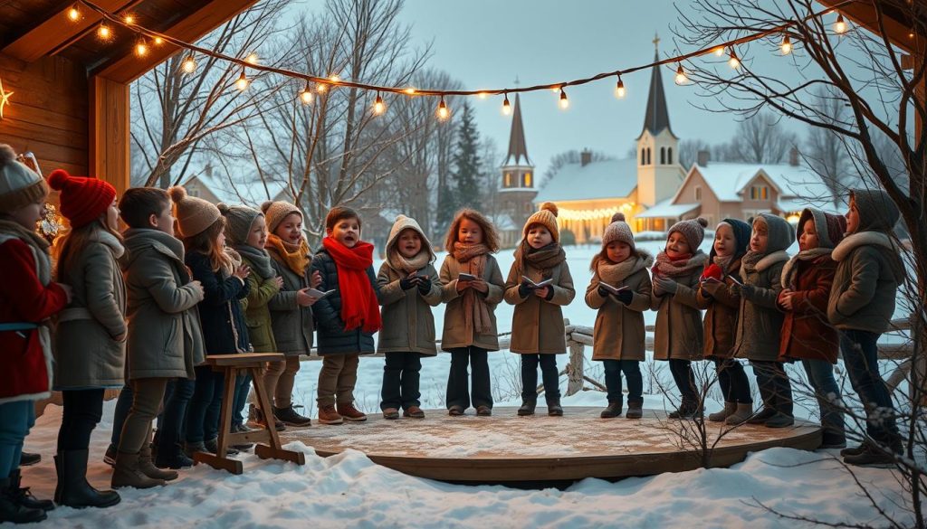 A cozy winter scene featuring a group of young children singing in a choir, their voices lifted in a joyful chorus. The foreground shows the choir members, bundled in warm scarves and hats, standing in a semicircle and harmonizing together. The middle ground features a simple, rustic wooden stage with twinkling fairy lights strung overhead, casting a soft, magical glow. In the background, a snowy landscape with bare trees and a distant church steeple sets the scene. The lighting is warm and inviting, creating a sense of wonder and festive cheer. The overall composition is balanced and visually pleasing, capturing the spirit of children's Christmas carols.