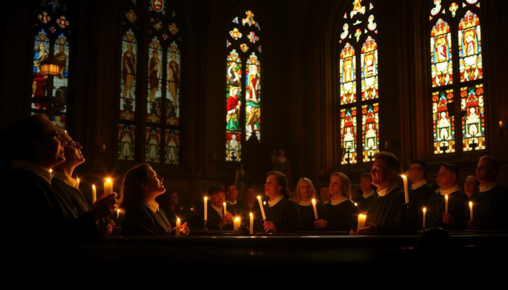 A dimly lit church interior, the warm glow of candles illuminating a choir of robed figures, their voices raised in harmonious song. The stained glass windows cast a kaleidoscope of colors across the pews, where a congregation sits in reverent silence, lost in the beauty of the moment. The focal point is the choir, their expressions of devotion and concentration captured in dramatic chiaroscuro lighting, the space filled with a sense of sacred ritual and timeless tradition.