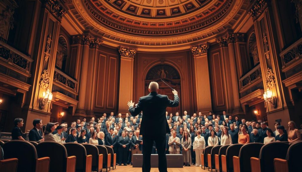 A grand, ornate concert hall with rows of plush seats and a magnificent, illuminated stage. In the foreground, a conductor stands before a large choir, baton in hand, guiding the ensemble through a dynamic performance. The choir members, dressed in formal attire, fill the stage with their focused expressions and harmonious voices. Soft, warm lighting casts a golden glow, highlighting the intricate architecture and creating an atmosphere of artistic sophistication. The background features towering, ornate columns and a vast, domed ceiling, suggesting the grandeur and history of the musical tradition. The overall scene conveys the thoughtful curation of a choral program, blending different eras, themes, and styles to create a diverse and captivating performance. A grand, ornate concert hall with rows of plush seats and a magnificent, illuminated stage. In the foreground, a conductor stands before a large choir, baton in hand, guiding the ensemble through a dynamic performance. The choir members, dressed in formal attire, fill the stage with their focused expressions and harmonious voices. Soft, warm lighting casts a golden glow, highlighting the intricate architecture and creating an atmosphere of artistic sophistication. The background features towering, ornate columns and a vast, domed ceiling, suggesting the grandeur and history of the musical tradition. The overall scene conveys the thoughtful curation of a choral program, blending different eras, themes, and styles to create a diverse and captivating performance.