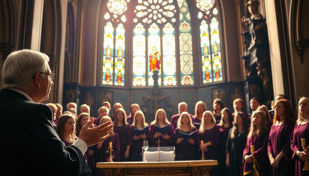 A majestic stained-glass window casts a warm, ethereal glow over a choir of choristers, their voices rising in perfect harmony. In the foreground, a soloist leads the ensemble, their hands gracefully guiding the melodic flow. The middle ground features the choir, their robes in rich jewel tones, their expressions rapt with devotion. In the background, the ornate altar and intricate architectural details of the church create a sense of timeless reverence. The lighting is soft and diffused, creating an atmosphere of contemplation and spiritual connection. The composition is balanced and symmetrical, evoking a sense of order and tradition. This image captures the essence of "Choisir des chants connectés aux rites," showcasing the beauty and power of sacred choral music within the context of the church.