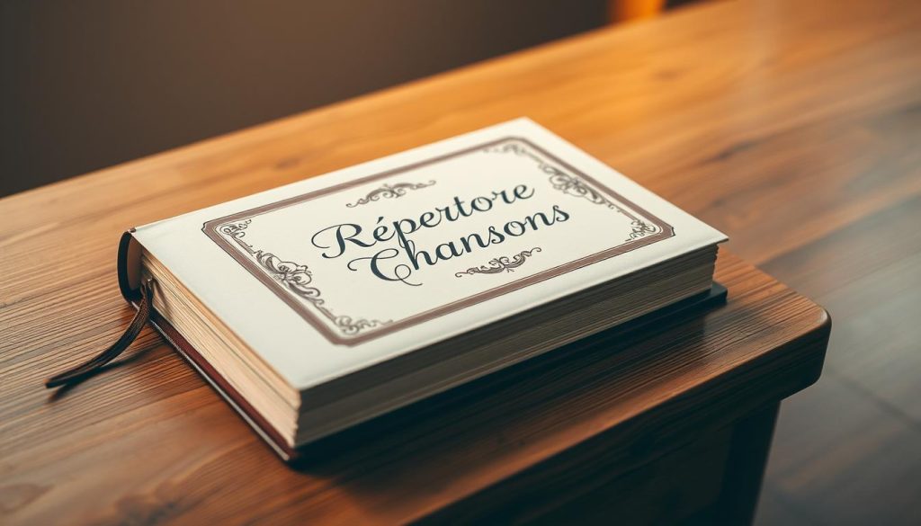 A neatly organized music book with a classic hardcover binding, resting on a polished oak table. The book's cover features the title "Répertoire Chansons" in an elegant cursive script, surrounded by a tasteful floral design. Warm, directional lighting casts a soft glow across the scene, accentuating the book's rich colors and textures. The background is a tranquil, minimalist setting, allowing the music book to take center stage. The overall composition conveys a sense of refined sophistication and a passion for the musical arts. A neatly organized music book with a classic hardcover binding, resting on a polished oak table. The book's cover features the title "Répertoire Chansons" in an elegant cursive script, surrounded by a tasteful floral design. Warm, directional lighting casts a soft glow across the scene, accentuating the book's rich colors and textures. The background is a tranquil, minimalist setting, allowing the music book to take center stage. The overall composition conveys a sense of refined sophistication and a passion for the musical arts.