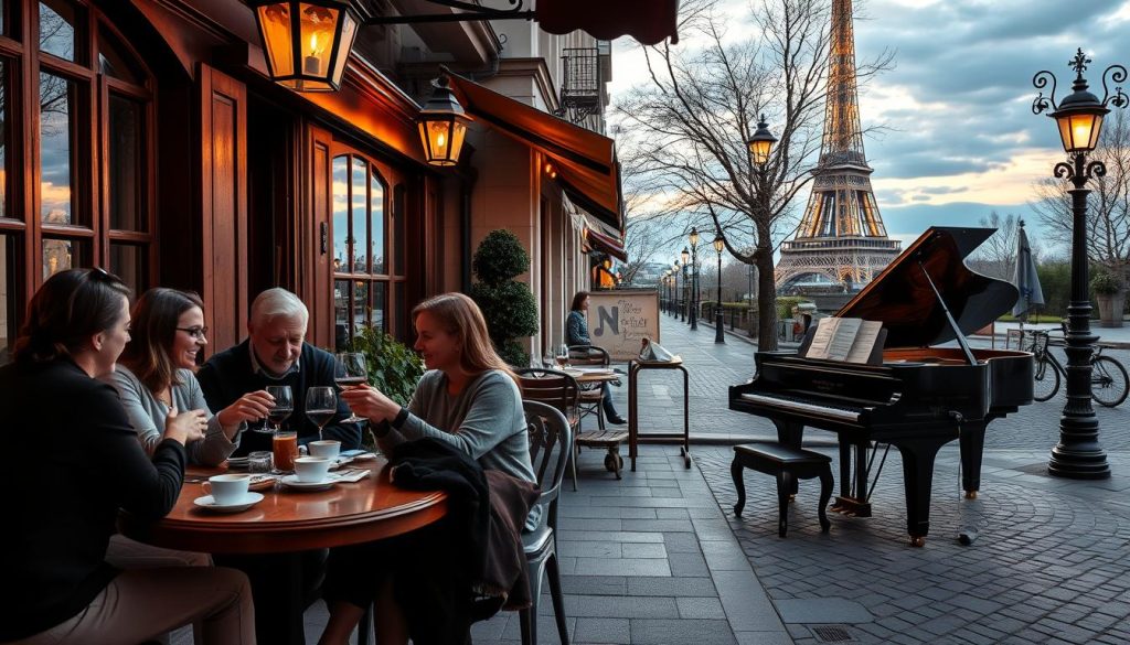 A serene French cafe scene, with a warm, cozy ambiance. In the foreground, a group of friends gathered around a wooden table, engaged in lively conversation over steaming cups of coffee and glasses of red wine. In the middle ground, a pianist plays a gentle, melodic chanson on a grand piano, filling the air with the rich, soulful sounds of French music. The background features a quaint Parisian streetscape, with cobblestone roads, ornate street lamps, and a picturesque view of the Eiffel Tower in the distance, bathed in the soft glow of the setting sun. The overall mood is one of cultural celebration, camaraderie, and the essence of French joie de vivre. A serene French cafe scene, with a warm, cozy ambiance. In the foreground, a group of friends gathered around a wooden table, engaged in lively conversation over steaming cups of coffee and glasses of red wine. In the middle ground, a pianist plays a gentle, melodic chanson on a grand piano, filling the air with the rich, soulful sounds of French music. The background features a quaint Parisian streetscape, with cobblestone roads, ornate street lamps, and a picturesque view of the Eiffel Tower in the distance, bathed in the soft glow of the setting sun. The overall mood is one of cultural celebration, camaraderie, and the essence of French joie de vivre.