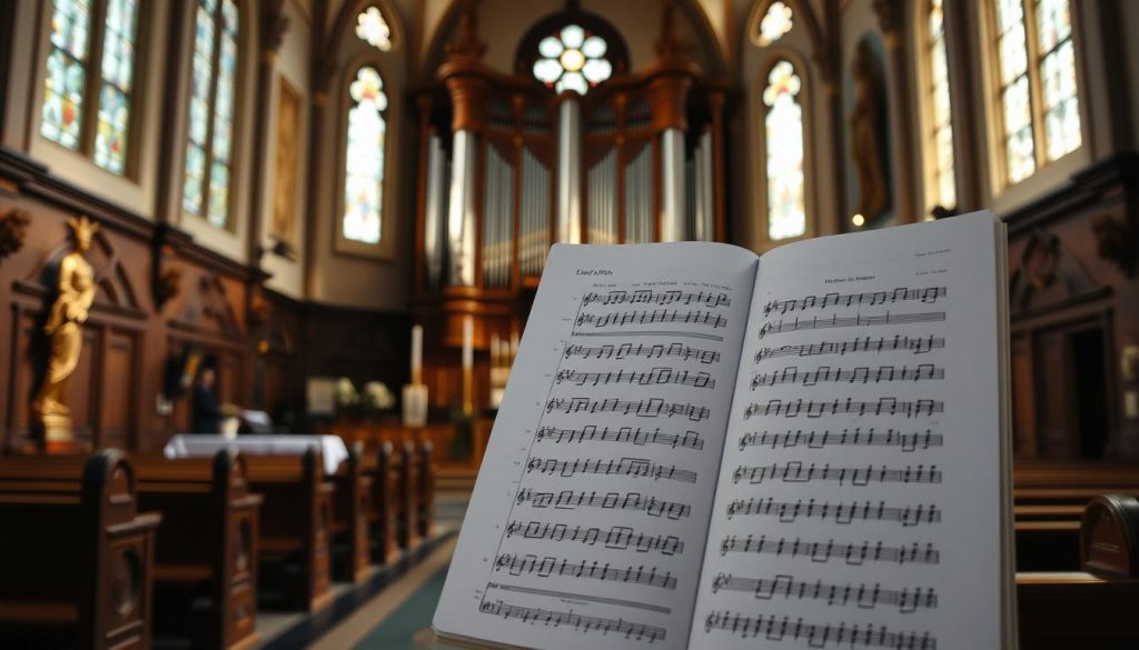 A serene sanctuary filled with the warmth of natural light, the altar adorned with ornate religious symbols and a grand pipe organ towering behind it. In the foreground, a meticulously organized sheet of musical notation - the carefully curated "déroulé musical" for the church service, guiding the choir through the sacred liturgy. The atmosphere exudes reverence and spiritual contemplation, inviting the faithful to immerse themselves in the melodic tapestry woven by the choir's harmonious voices.
