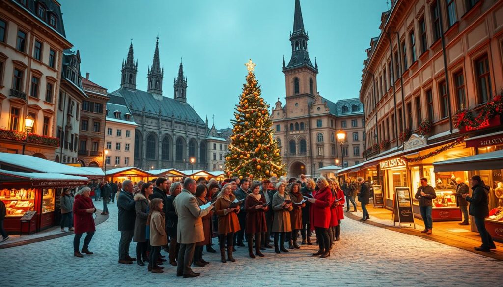 A snow-dusted town square in a picturesque European city, illuminated by the warm glow of holiday lights. In the foreground, a choir of adult singers stands in a semicircle, their faces upturned as they harmonize in a joyful rendition of cherished Christmas carols. The middle ground features a towering Christmas tree adorned with twinkling ornaments, surrounded by bustling holiday markets and quaint cafes. In the background, the silhouettes of historic cathedrals and cobblestone streets create a timeless, enchanting atmosphere. The scene is captured with a cinematic wide-angle lens, bathed in a soft, diffused lighting that evokes the magic and wonder of the Christmas season. A snow-dusted town square in a picturesque European city, illuminated by the warm glow of holiday lights. In the foreground, a choir of adult singers stands in a semicircle, their faces upturned as they harmonize in a joyful rendition of cherished Christmas carols. The middle ground features a towering Christmas tree adorned with twinkling ornaments, surrounded by bustling holiday markets and quaint cafes. In the background, the silhouettes of historic cathedrals and cobblestone streets create a timeless, enchanting atmosphere. The scene is captured with a cinematic wide-angle lens, bathed in a soft, diffused lighting that evokes the magic and wonder of the Christmas season.