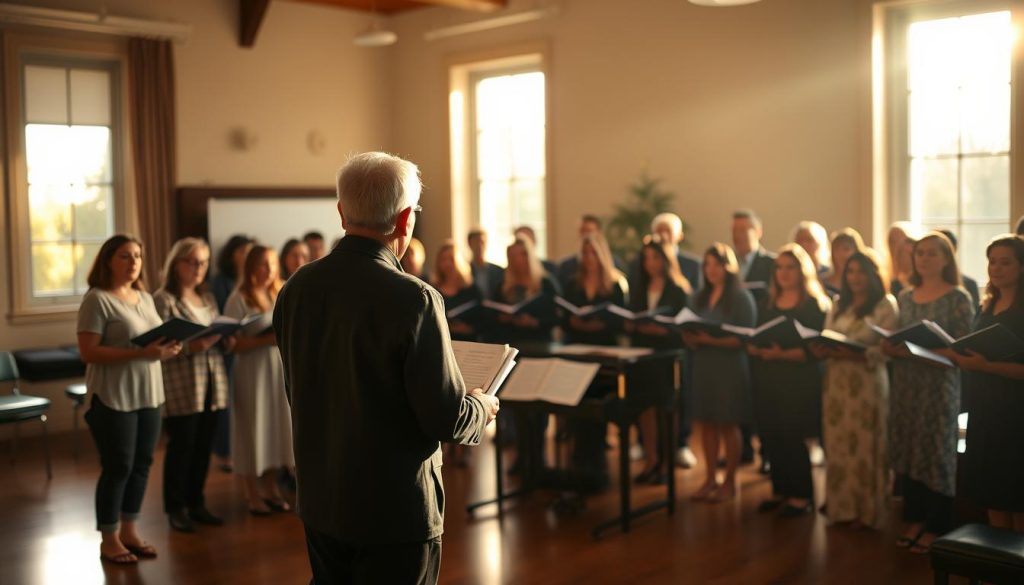 A warmly lit choir rehearsal studio, with mellow sunlight streaming through large windows. In the foreground, a choir director stands facing a group of choral singers, their expressive faces and diverse vocal ranges embodying the "voix" (voices) of the ensemble. The middle ground features a grand piano and sheet music, hinting at the repertoire and preparations underway. In the background, a soft focus captures the warm, inviting atmosphere conducive to learning new Christmas carols and welcoming new members. The overall scene conveys a sense of musical harmony, collaboration, and the joyful anticipation of the upcoming holiday season.