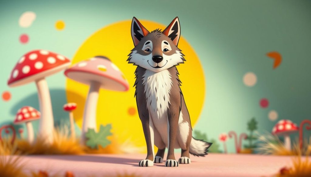A whimsical, modern interpretation of the classic wolf, presented against a bright, colorful backdrop. The wolf stands upright, with a playful expression and a stylized, almost cartoon-like design. Its fur is rendered in a mix of soft, textured brushstrokes and bold, geometric patterns, giving it a vibrant, contemporary look. The wolf is placed in a playful, imaginative setting, perhaps a forest clearing or a fanciful woodland scene, with elements like oversized mushrooms, floating leaves, or playful shapes in the background. The lighting is soft and diffuse, creating a warm, inviting atmosphere that would appeal to children. The overall mood is one of childlike wonder and enchantment, perfectly suited to illustrate a section on modern, kid-friendly interpretations of traditional Christmas carols.