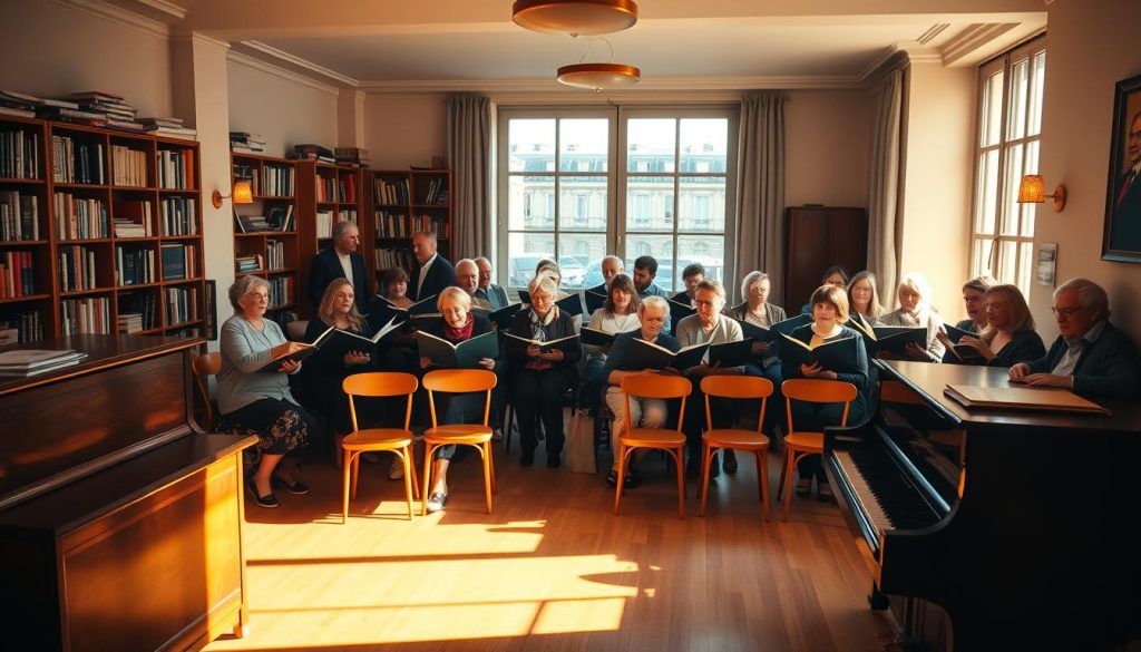 A cozy and intimate choir rehearsal space in a local Parisian community center. The room is bathed in warm, soft lighting, casting a golden glow over the rows of wooden chairs and upright piano in the foreground. Bookshelves line the walls, filled with sheet music and choral arrangements. Experienced singers of all ages sit together, focused on their sheet music, their voices blending in perfect harmony. The atmosphere is one of camaraderie, dedication, and a shared passion for music. A large window offers a glimpse of the vibrant city outside, creating a sense of connection between the choir and the broader community. The overall scene evokes the welcoming and inclusive spirit of a local choral ensemble.