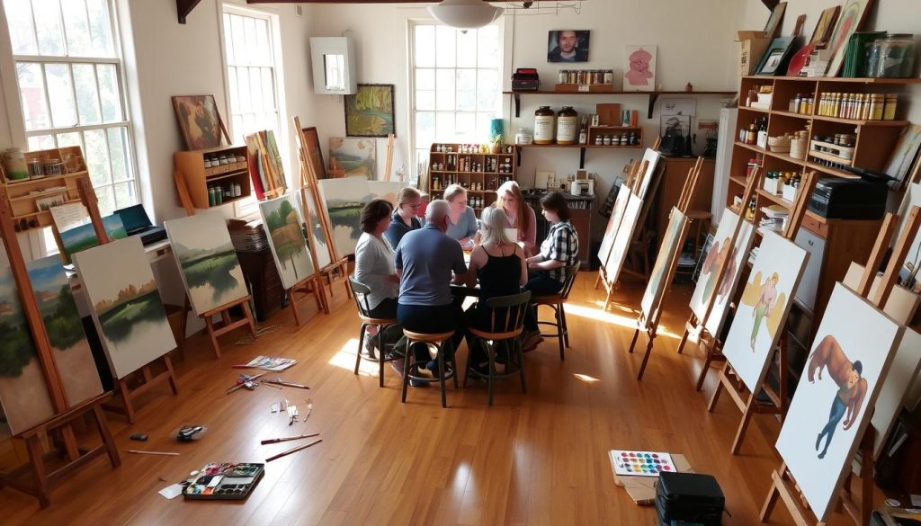 A cozy, well-lit atelier with natural light streaming in through large windows. Wooden easels, brushes, and palettes scattered across the polished hardwood floor. Canvases in various stages of completion line the walls, hinting at the creative process unfolding within. Shelves brimming with art supplies, jars of vibrant pigments, and a vintage record player adding to the artistic ambiance. In the center, a group of participants gathered around a table, deeply engaged in a hands-on workshop, exchanging ideas and techniques. The space exudes a sense of inspiration, collaboration, and the joy of artistic expression.