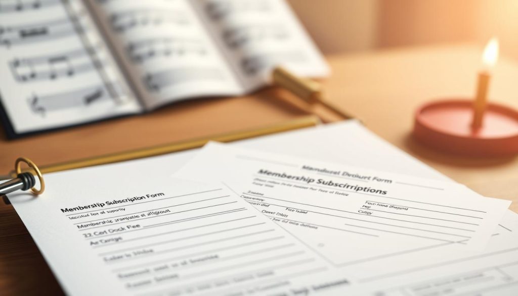 A detailed illustration of a membership subscription form for a choral organization. In the foreground, the main focus is a neatly formatted document with clear sections for individual chorister details, membership fees, and any applicable discounts or tax benefits. The middle ground features musical instruments such as sheet music, a conductor's baton, and perhaps a piano or choir risers, subtly hinting at the choral context. The background is softly blurred, creating a sense of depth and emphasizing the centrality of the subscription form. The overall scene is well-lit, with a warm, professional tone, conveying the importance and formality of the choral membership process. A detailed illustration of a membership subscription form for a choral organization. In the foreground, the main focus is a neatly formatted document with clear sections for individual chorister details, membership fees, and any applicable discounts or tax benefits. The middle ground features musical instruments such as sheet music, a conductor's baton, and perhaps a piano or choir risers, subtly hinting at the choral context. The background is softly blurred, creating a sense of depth and emphasizing the centrality of the subscription form. The overall scene is well-lit, with a warm, professional tone, conveying the importance and formality of the choral membership process.