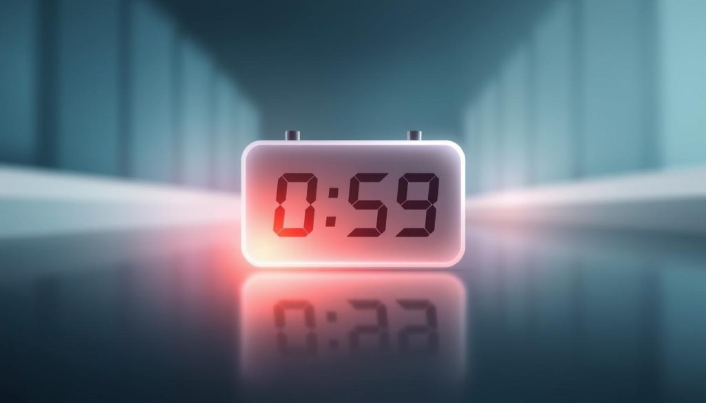 A digital illustration of a digital clock display showing "0:59", conveying a sense of urgency and rapid response. The clock face is positioned prominently in the foreground, with a soft, ethereal glow around it. The background is a blurred, minimalist design, featuring muted tones of blues and grays, creating a calming and professional atmosphere. The lighting is subtle, with a slight directional source highlighting the clock face, emphasizing the sense of immediacy. The overall composition is balanced and visually appealing, effectively communicating the concept of a "réponse moins" or a quick response.