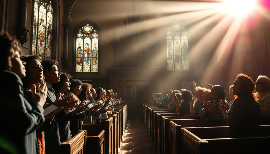 A dimly lit church interior, the air thick with the scent of incense. In the foreground, a traditional gospel choir sways in harmonious unison, their voices resonating with soulful passion. Sunlight streams through stained glass windows, casting a warm, reverent glow over the scene. The middle ground features rows of wooden pews, weathered by time, where congregants sit transfixed, eyes closed, hands raised in praise. In the background, the ornate architecture of the sanctuary rises, its intricate carvings and towering arches evoking a sense of timeless spirituality. The overall atmosphere is one of deep reverence, with a palpable energy of transcendent faith filling the space.