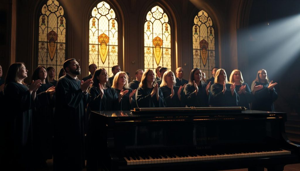 A gospel choir standing on a dimly lit stage, their robed figures casting long shadows against a backdrop of stained glass windows. The air is thick with the soulful harmonies of traditional hymns, mingling with the rhythmic clapping and swaying of the performers. Soft, warm lighting illuminates their uplifted faces, expressions of fervent devotion. In the foreground, a grand piano provides a foundation for the choir's soaring vocals, its keys gleaming under the stage lights. The overall atmosphere is one of reverence and spiritual transcendence, capturing the essence of the gospel repertoire, from the time-honored to the contemporary.