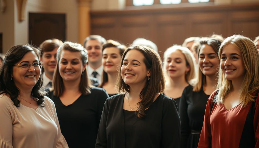 A group of choir members, dressed in formal attire, gathered together in a warm and welcoming atmosphere. The choristers stand in a harmonious arrangement, their faces expressing a sense of camaraderie and dedication to their craft. The lighting is soft and natural, casting a gentle glow on the scene, highlighting the intricate details of their clothing and the subtle expressions on their faces. The background is blurred, creating a sense of focus on the choir, emphasizing their unity and commitment to the art of choral singing. The overall composition conveys a feeling of belonging, passion, and the joy of being part of a choir. A group of choir members, dressed in formal attire, gathered together in a warm and welcoming atmosphere. The choristers stand in a harmonious arrangement, their faces expressing a sense of camaraderie and dedication to their craft. The lighting is soft and natural, casting a gentle glow on the scene, highlighting the intricate details of their clothing and the subtle expressions on their faces. The background is blurred, creating a sense of focus on the choir, emphasizing their unity and commitment to the art of choral singing. The overall composition conveys a feeling of belonging, passion, and the joy of being part of a choir.