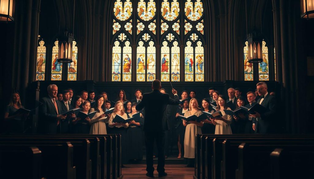 A group of choristers performing in a dimly lit church interior, the stained glass windows casting a warm, golden glow across the scene. The choir members, dressed in formal attire, stand in perfect harmony, their faces focused as they sing in unison. The acoustics of the space create a rich, resonant sound that fills the air. In the foreground, the choir director stands, baton in hand, guiding the ensemble with graceful, measured movements. The pews in the middle ground are empty, allowing the viewer to focus solely on the choral performance. In the background, the ornate, Gothic architecture of the church provides a grand, awe-inspiring backdrop to the scene.